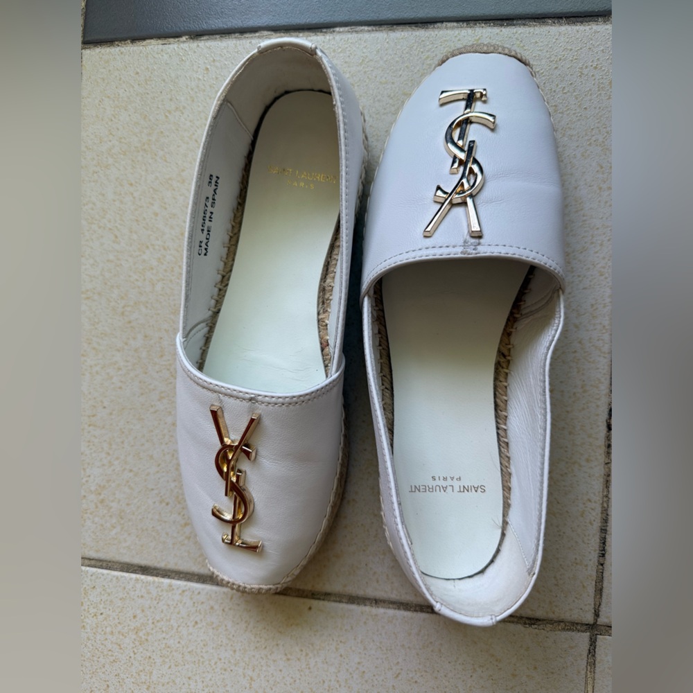 Saint Laurent White Leather Espadrille Flats with Gold Logo - Picture 7 of 10